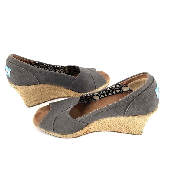 TOMS Calypso Ashgray Espadrille Peep Toe Wedge Comfort Canvas Heel - Picture 3 of 8